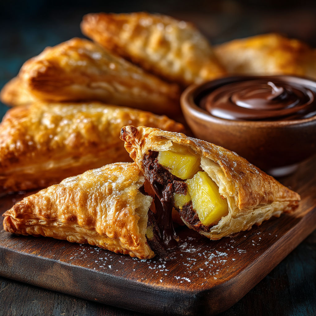 Descriptions de petits pains chauds avec des fruits et du chocolat.