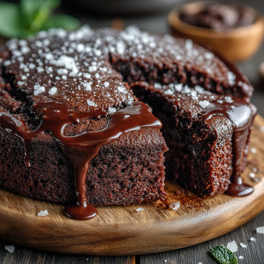 Une tarte chocolat avec des grains de sel sur une planche de bois.