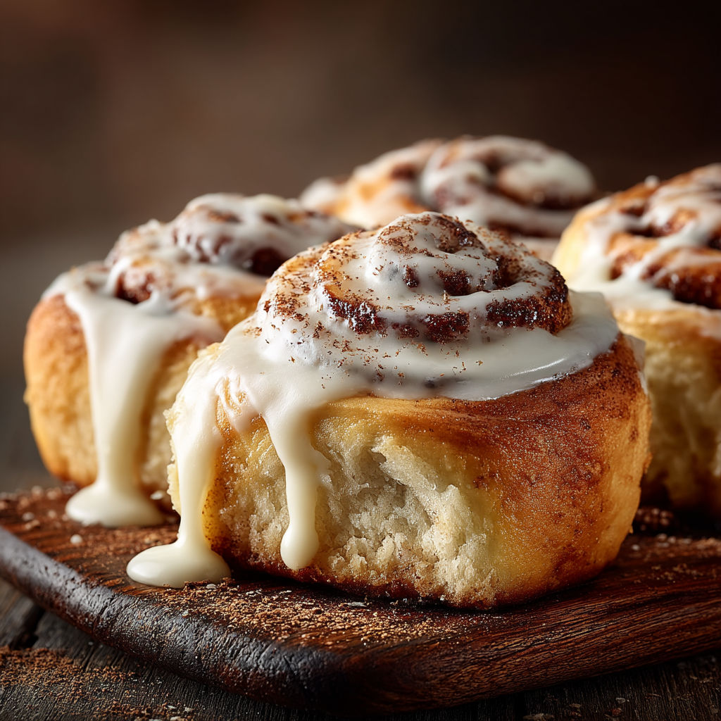 Unsweetened cinnamon rolls with white icing.
