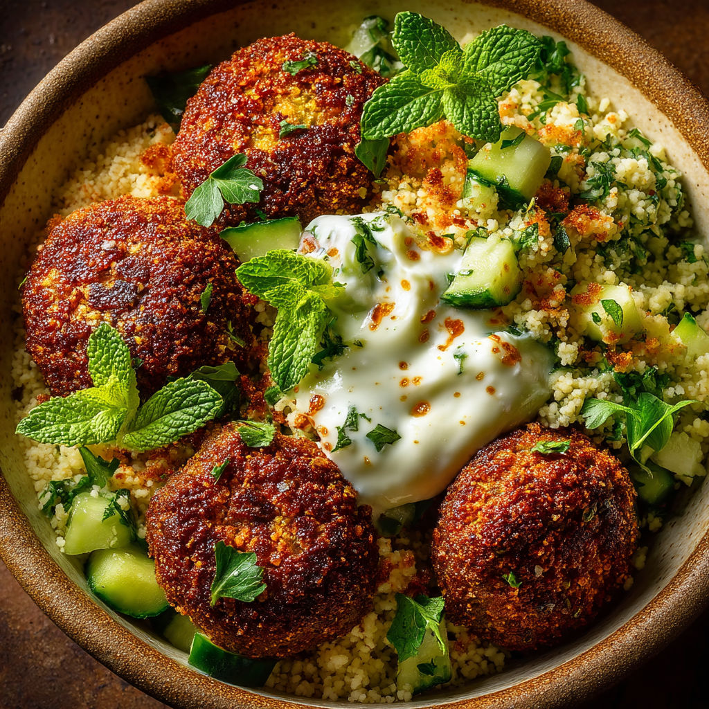 Plate of food with falafels and sauce.