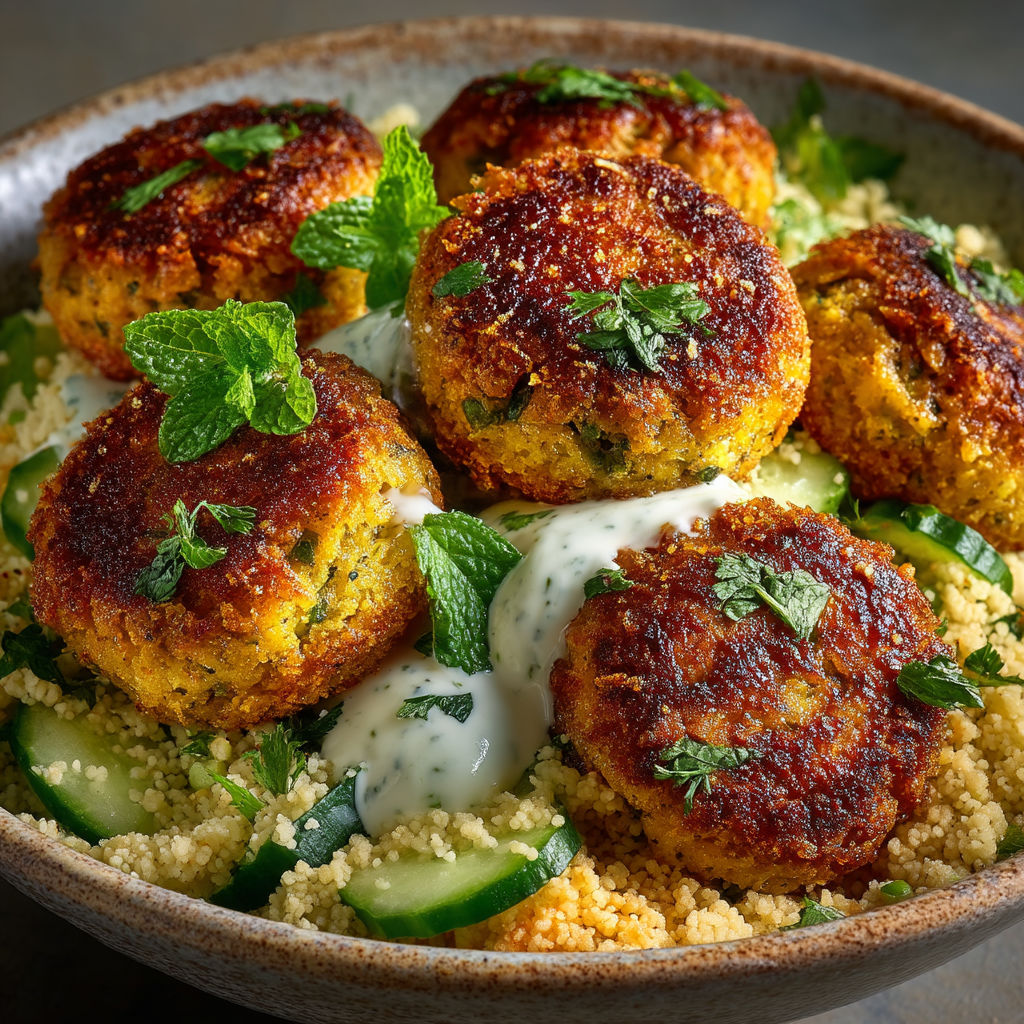 Une assiette de couscous avec des légumes verts.