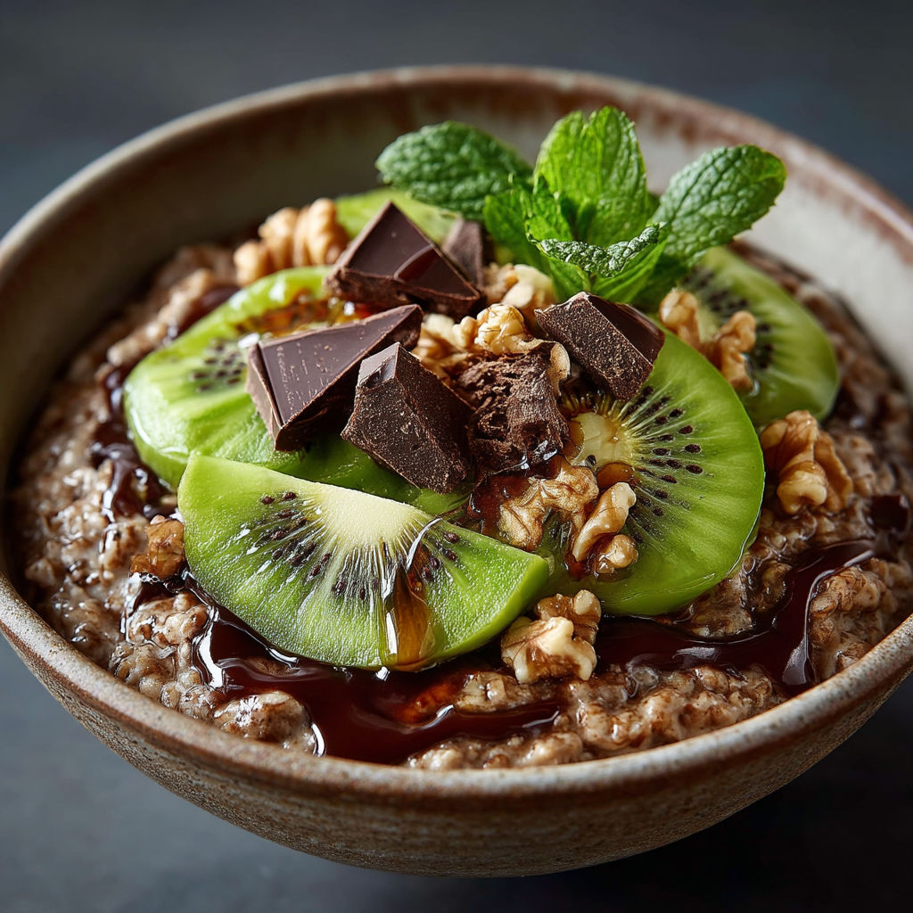 Un bol de porridge chocolat avec des kiwis.