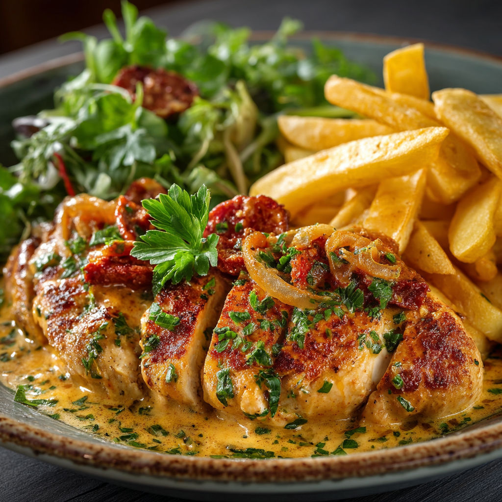 Une assiette de viande grillée avec des légumes et des frites.