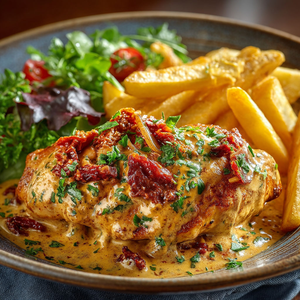 Une assiette de poulet et de frites avec une salade.