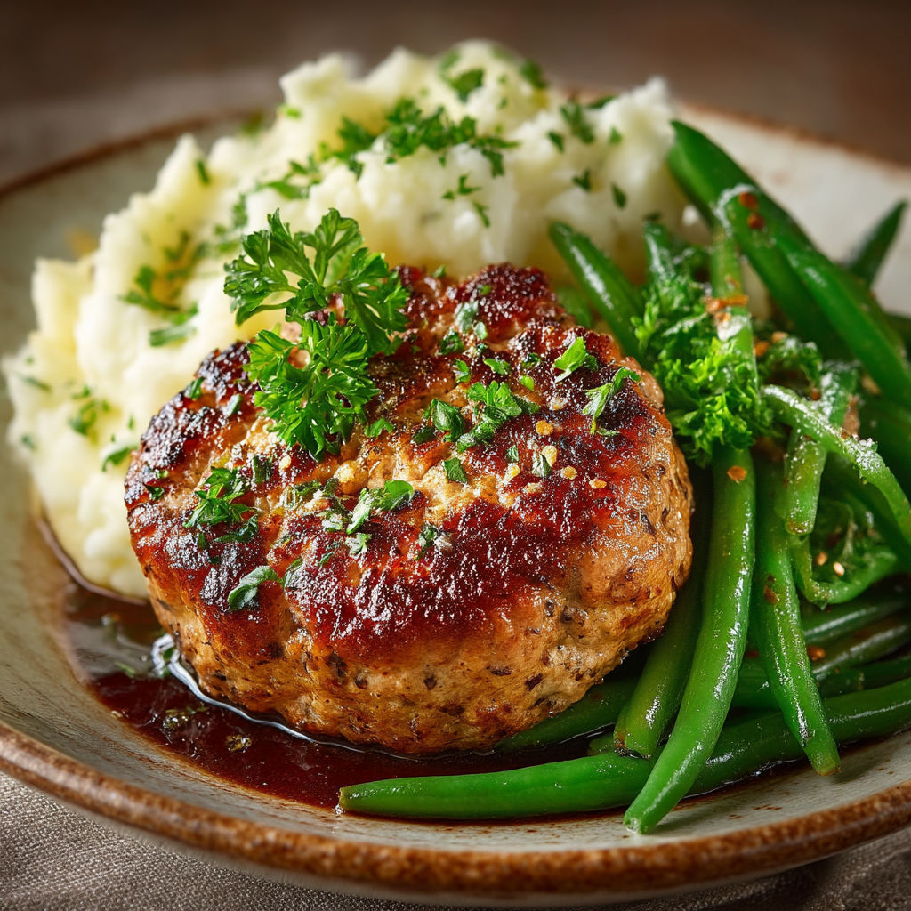 Haché de veau, purée aux fines herbes & haricots verts.