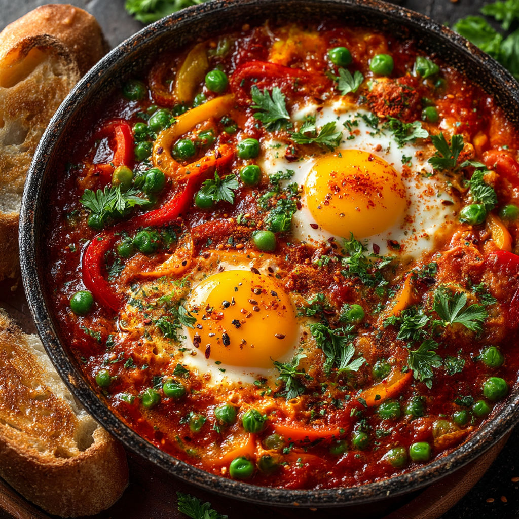 Une casserole de pois et oeufs.