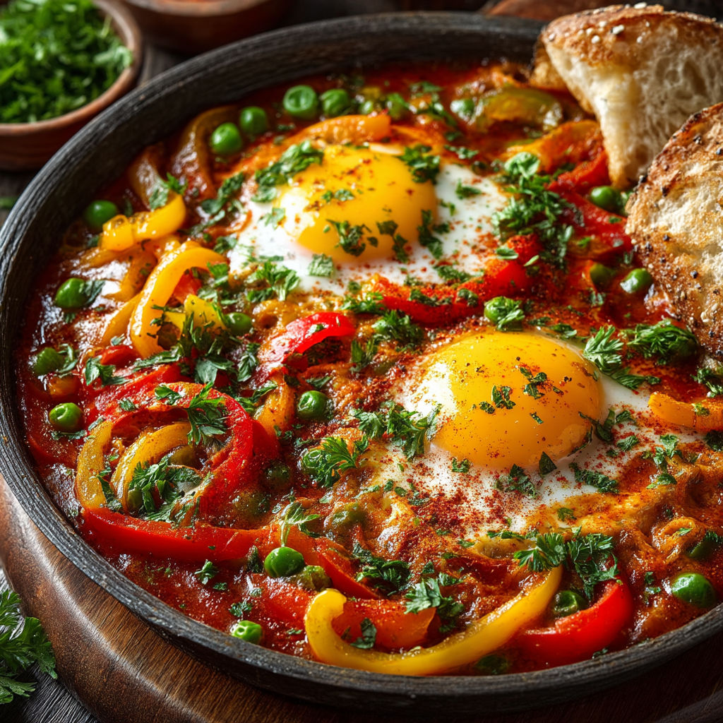 Une soupe avec des oeufs, des tomates et des épinards.