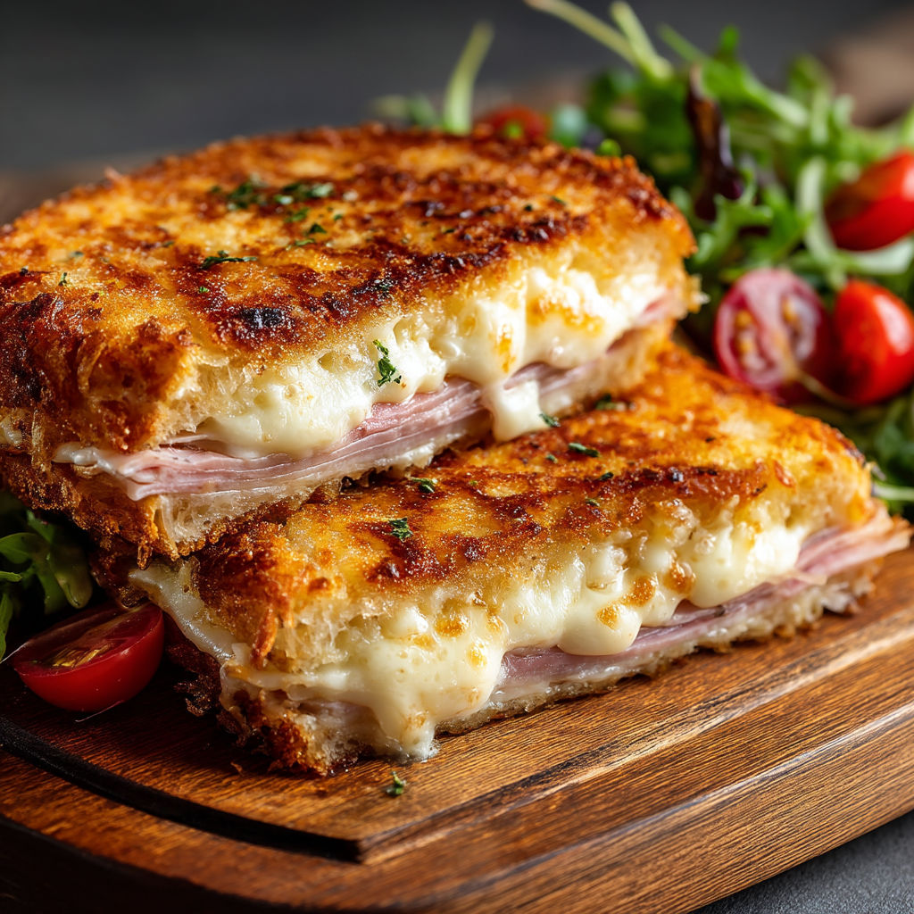 Une tranche de sandwich au fromage et au jambon.