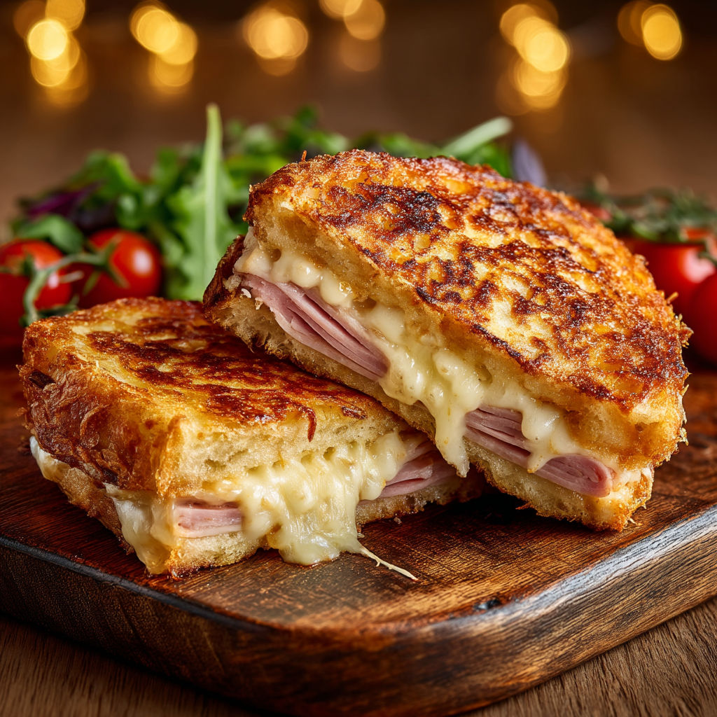 Une sandwich de ham et de fromage sur une planche.