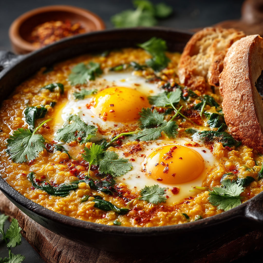 Une soupe avec des oeufs et du pain.