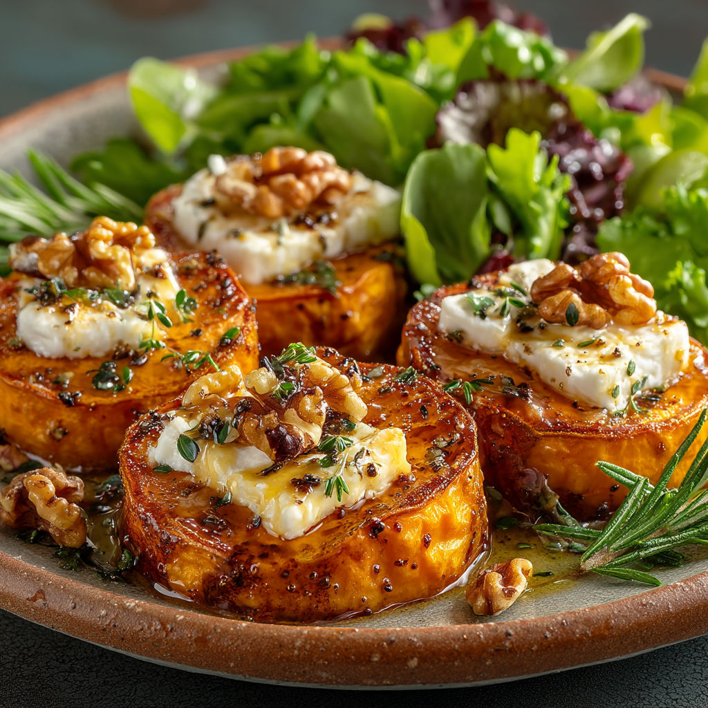 Patates douces avec fromage et miel.