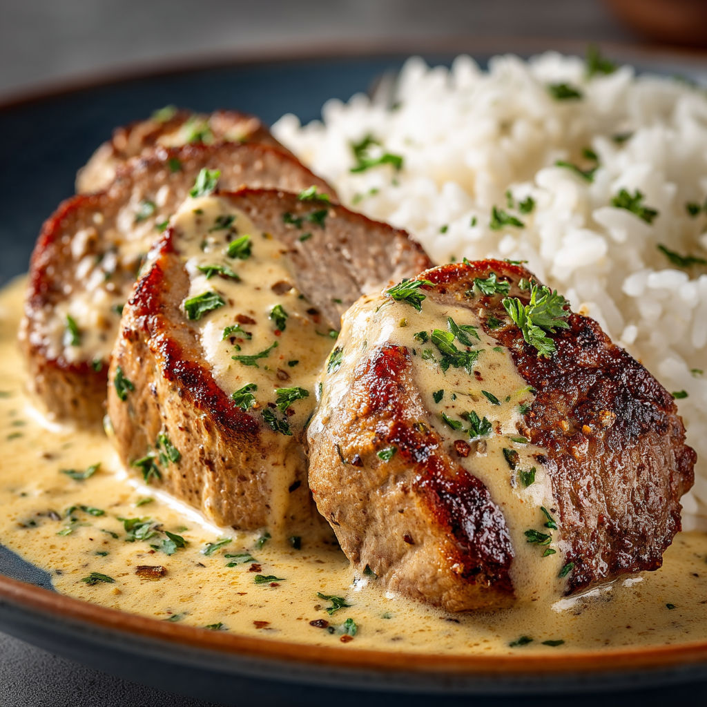 Filet mignon avec crème à la moutarde.