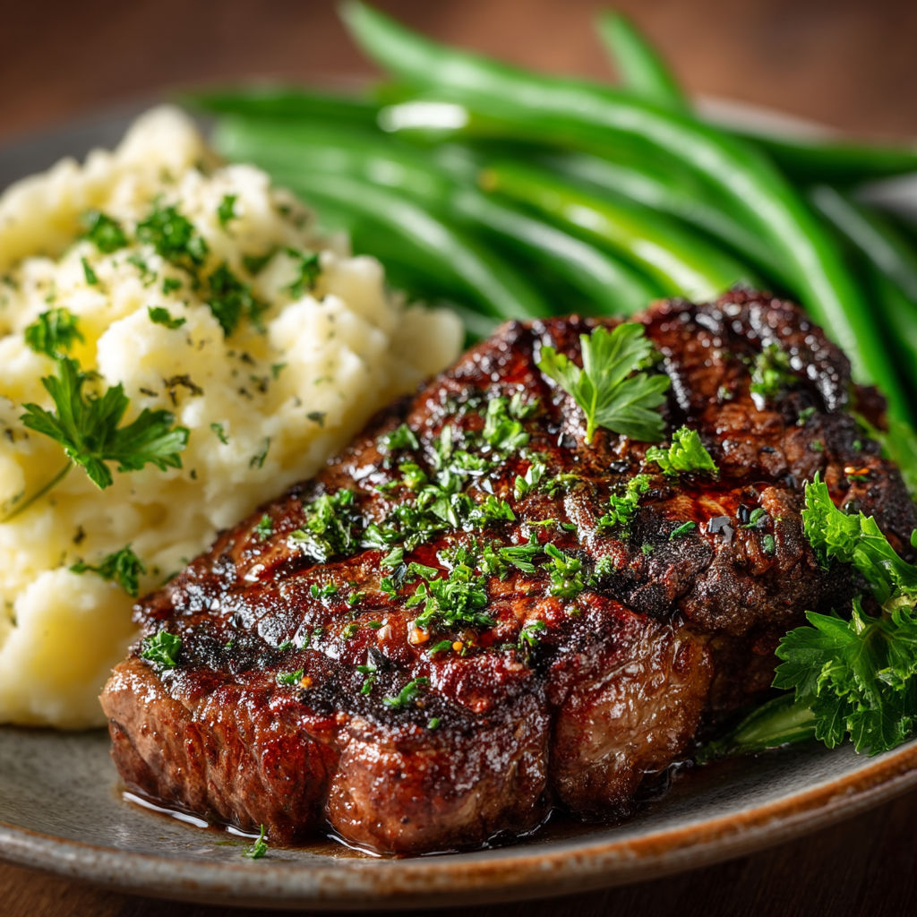 Steak grillé avec des légumes verts.