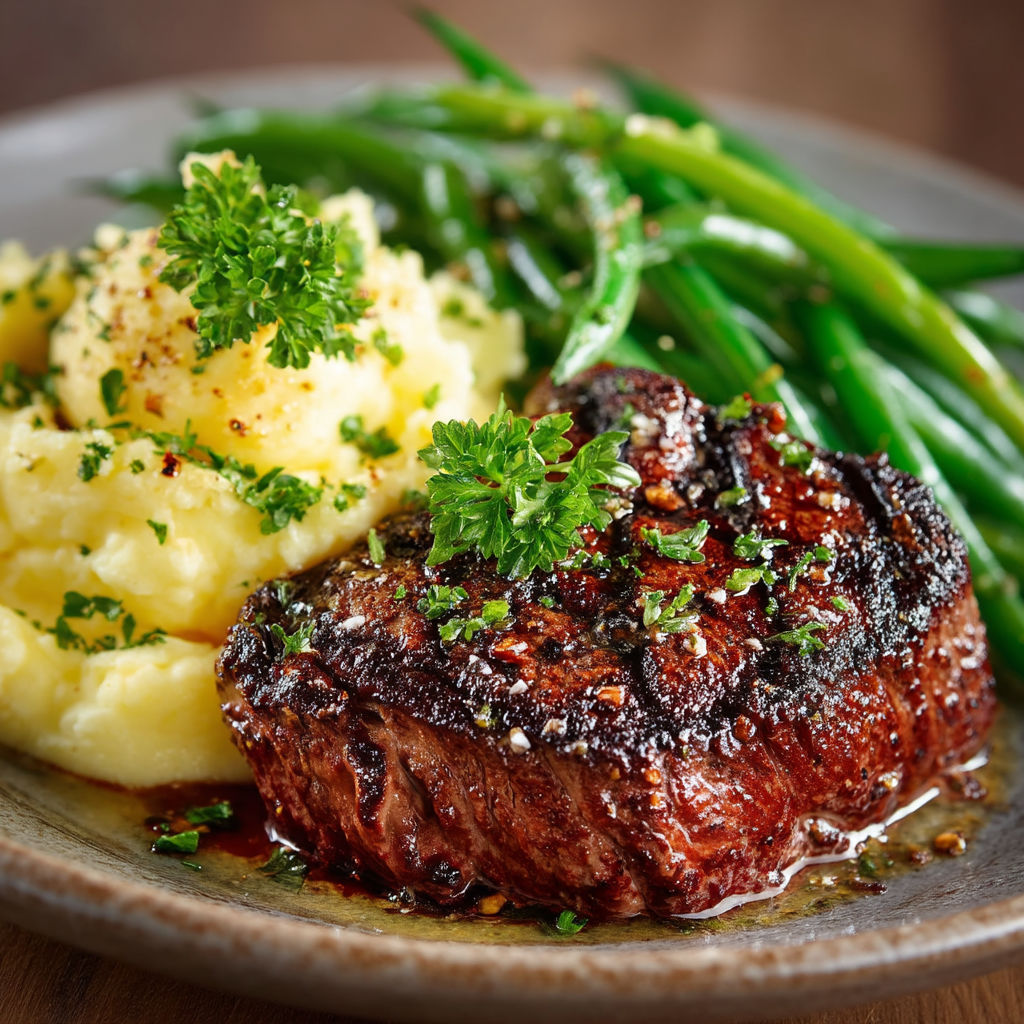 Steak grillé avec des légumes verts.
