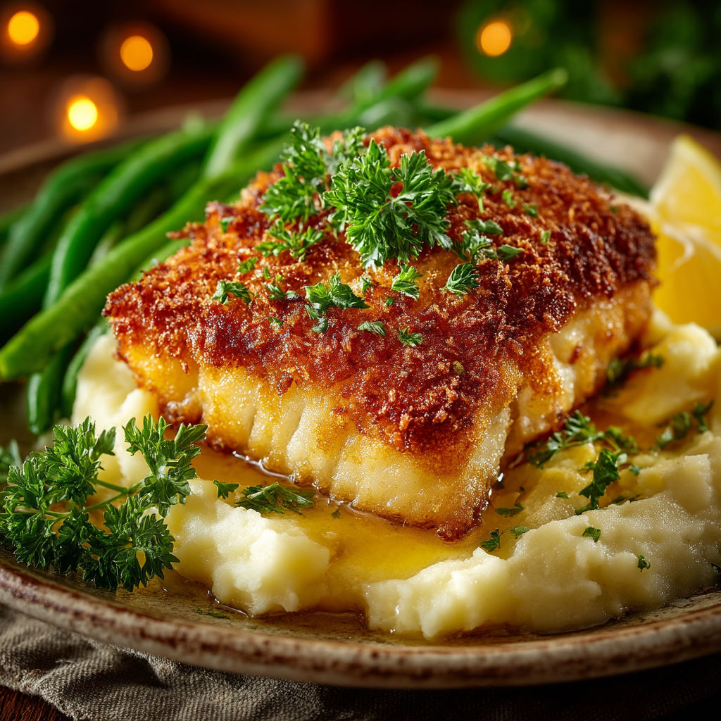 Poisson pané, purée & haricots verts.