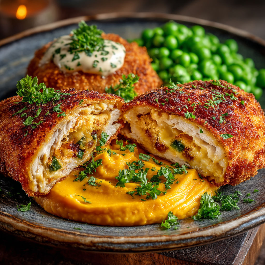 Une assiette de cordon bleu, purée de carottes et petits pois.