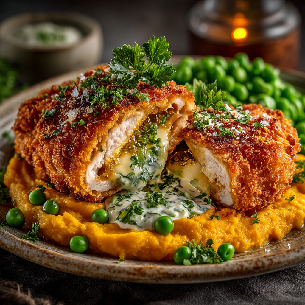 Une tranche de poulet avec des légumes verts.