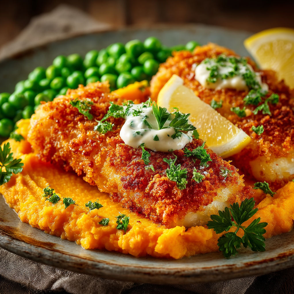 Poisson pané avec purée de carottes et petits pois.