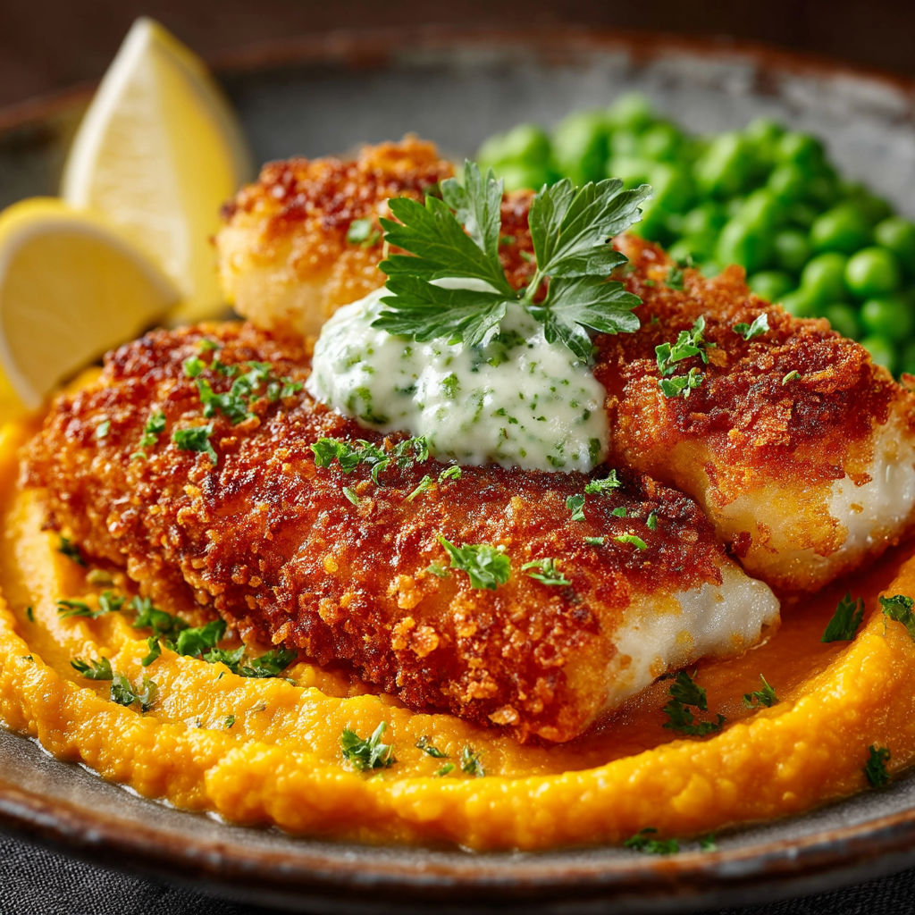 Poisson pané, purée de carottes et petits pois.