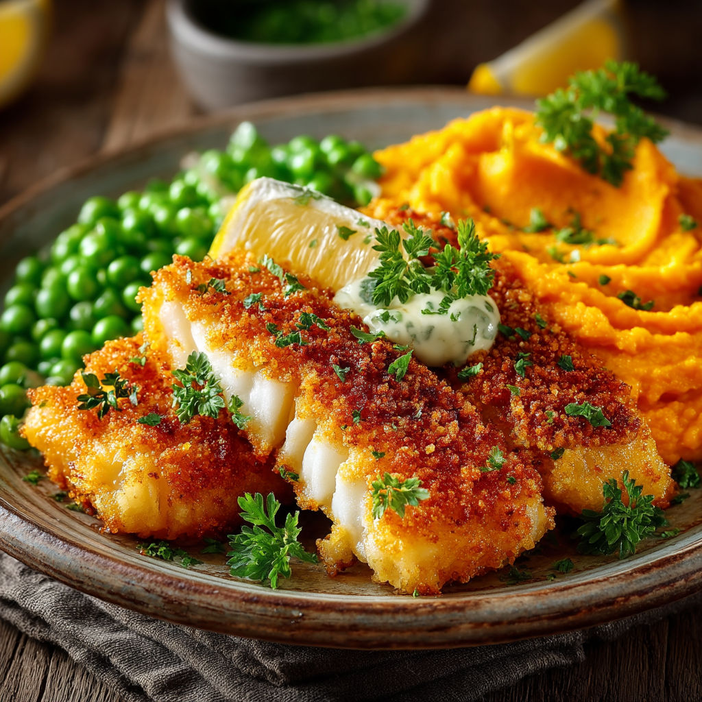 Poisson pané, purée de carottes et petits pois sur un plateau.