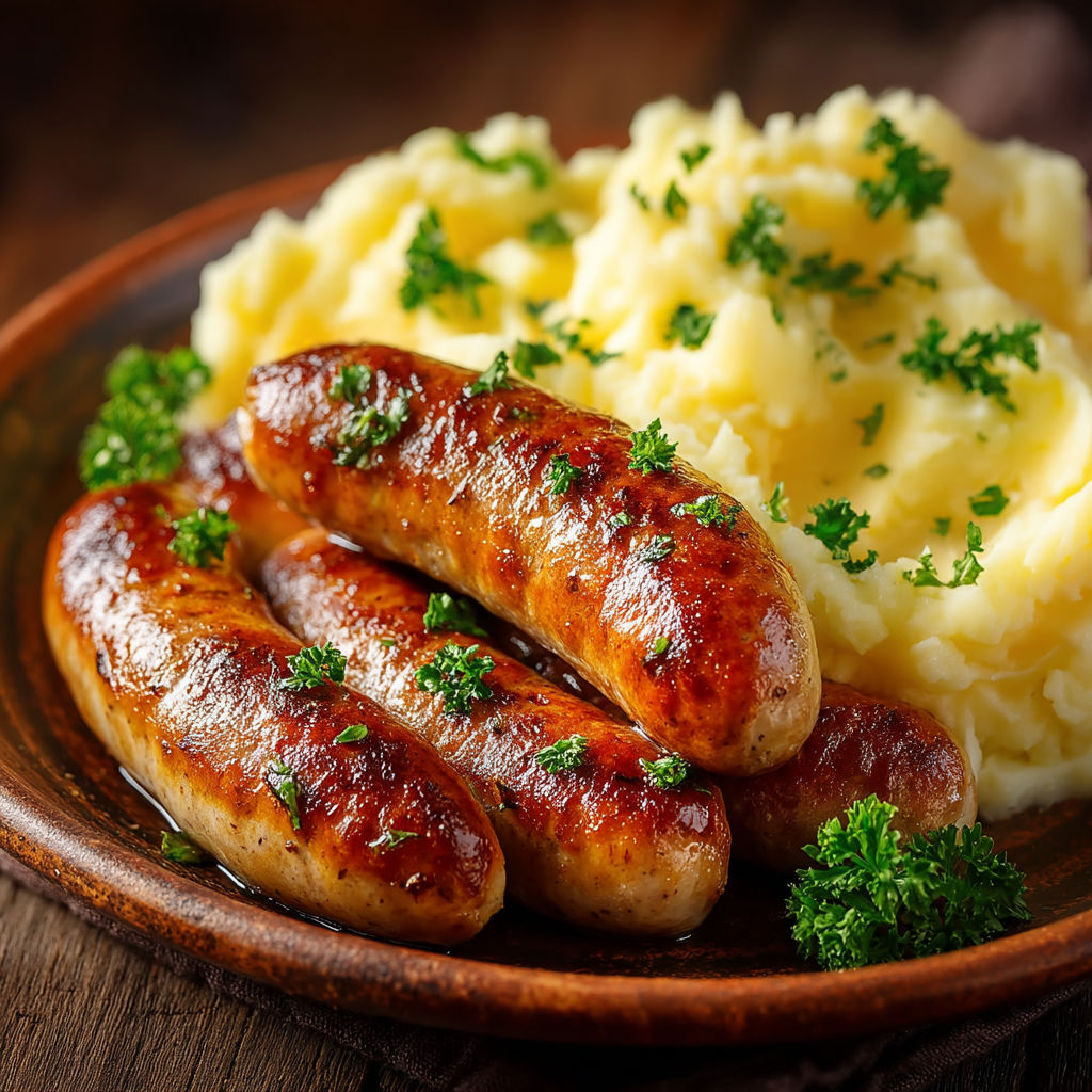 Knack et purée sur un plateau.