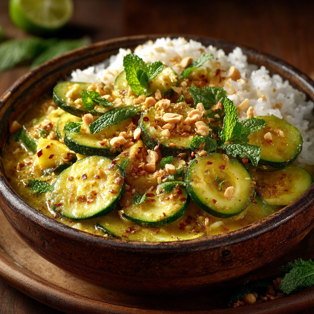 Une assiette de curry de courgettes et de riz.