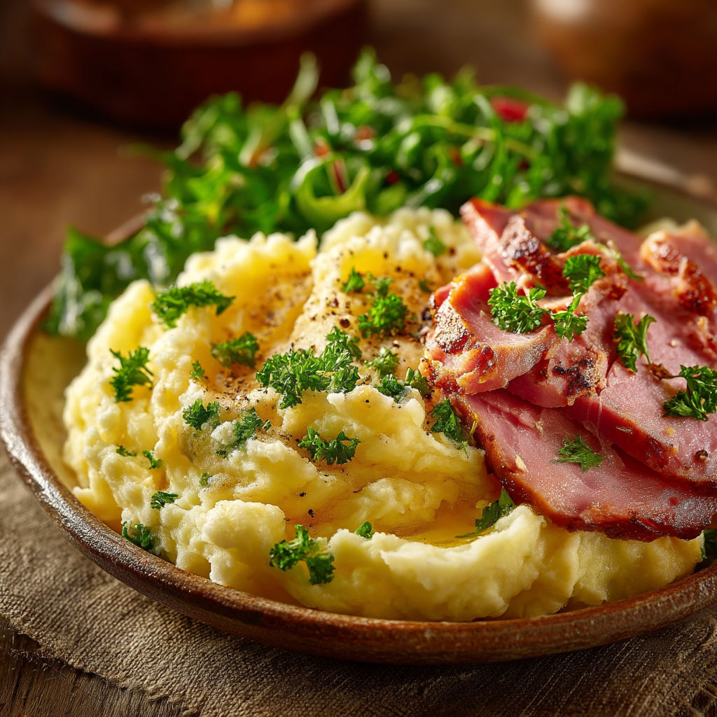 Une assiette de pommes de terre, de viande et de légumes.