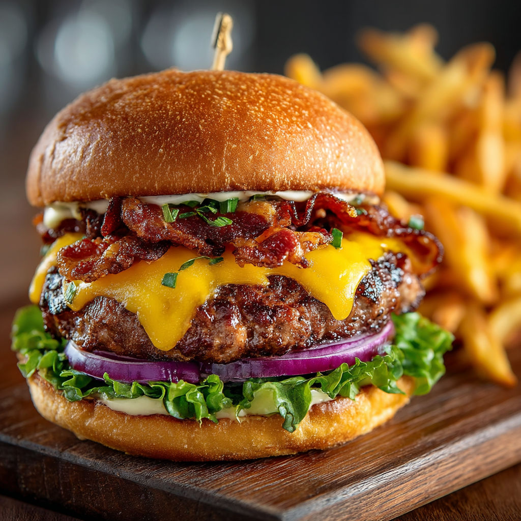 Un cheeseburger maison avec des frites.