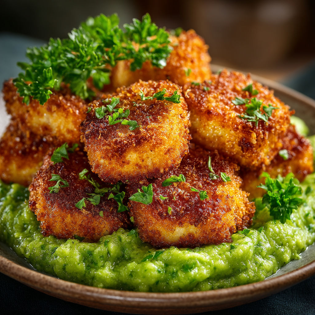 Plate of food with nuggets and purée de brocolis.
