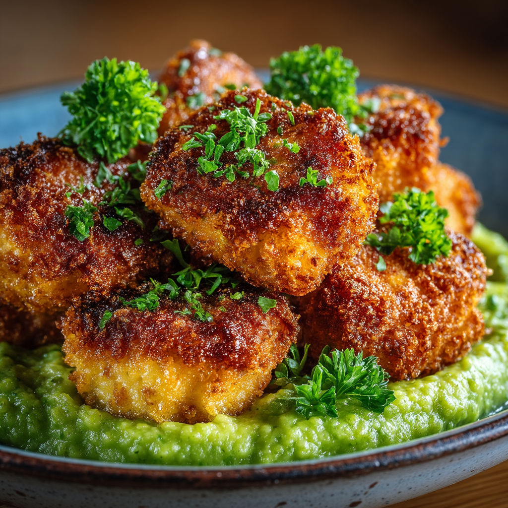 Une assiette de friture de poulet avec des herbes et des légumes verts.
