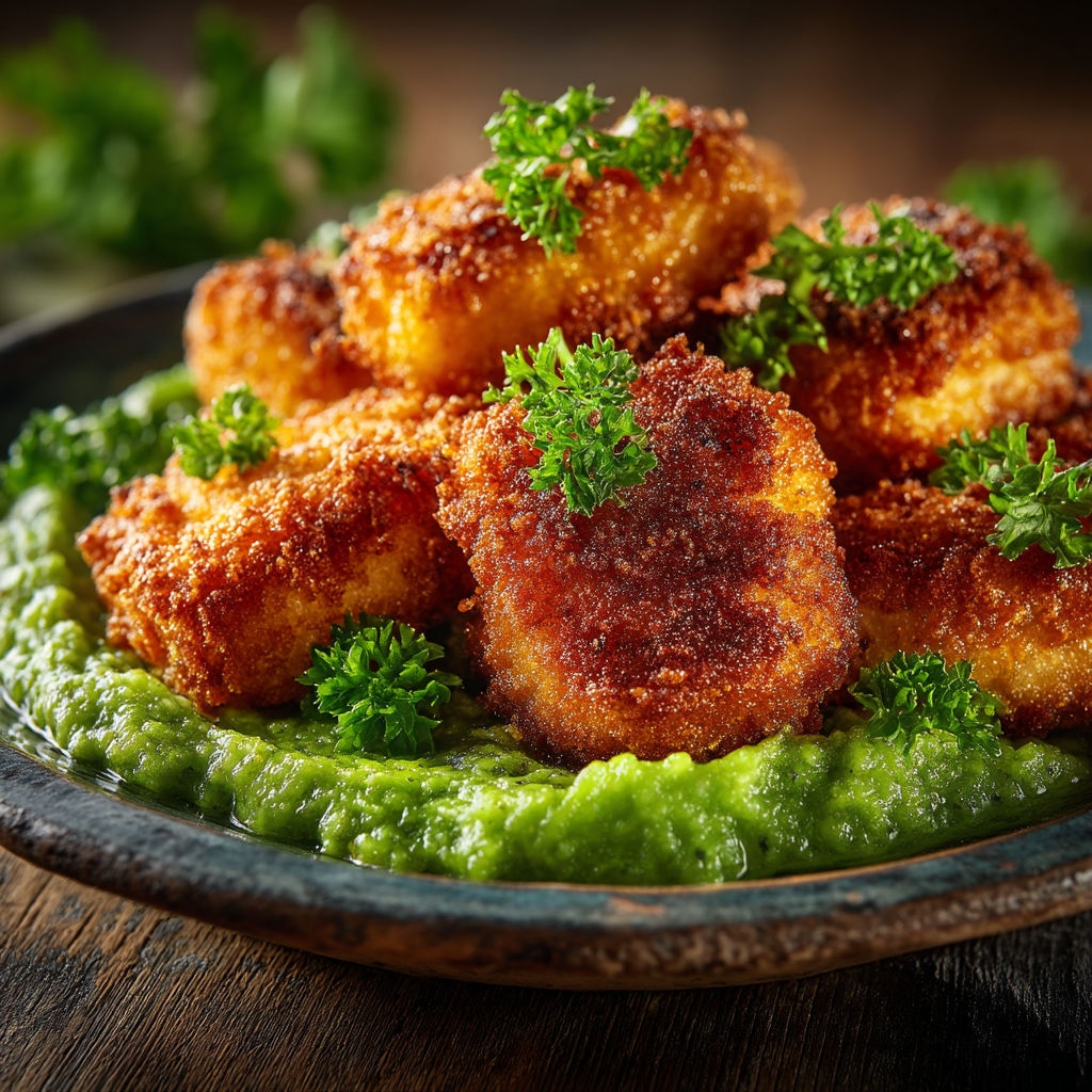 Une assiette de friture de poulet avec des herbes vertes.