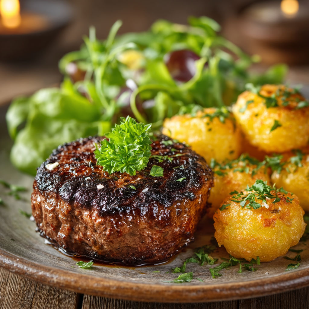 Steak haché, pommes dauphines et salade.