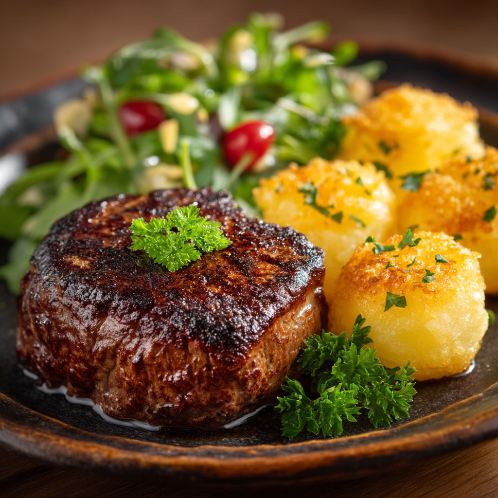 Steak haché, pommes dauphines et salade.