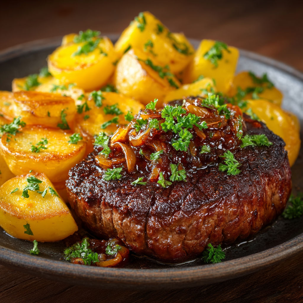 Steak haché avec des échalotes et des pommes sautées.