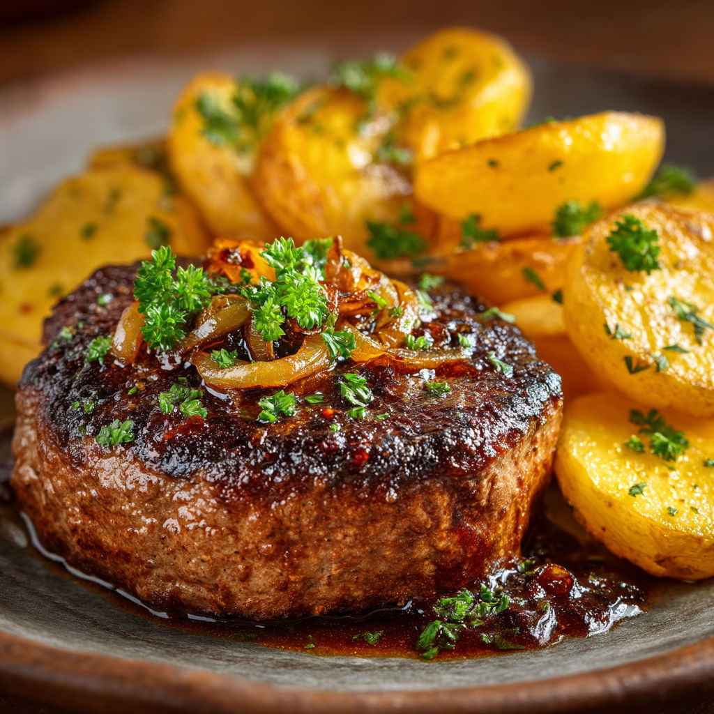 Une viande grillée avec des pommes de terre et des herbes.