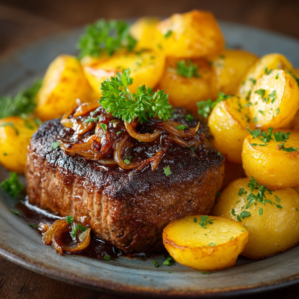 Une viande grillée avec des légumes et des pommes de terre.