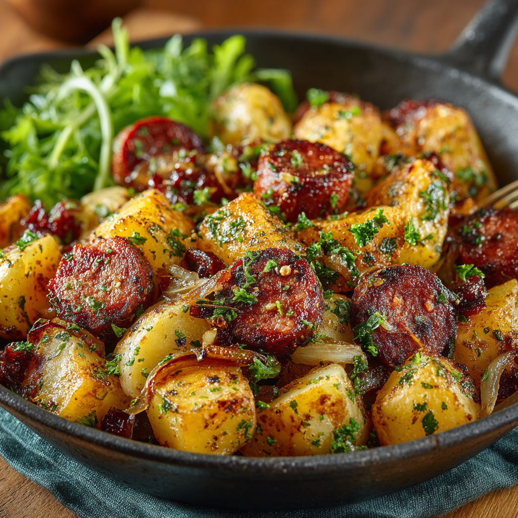 Poêlée de pommes de terre et saucisse fumée.