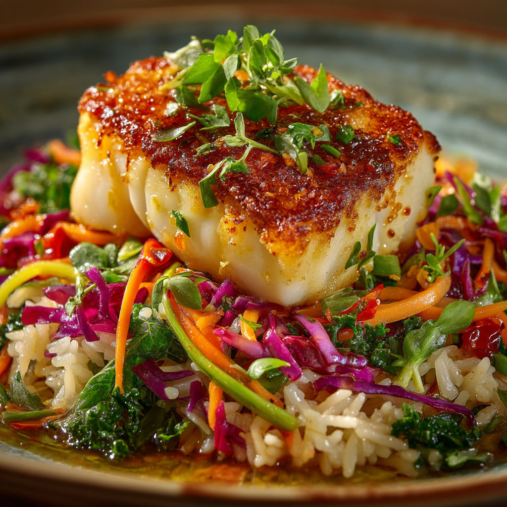 Un plat de poisson grillé avec des légumes verts.