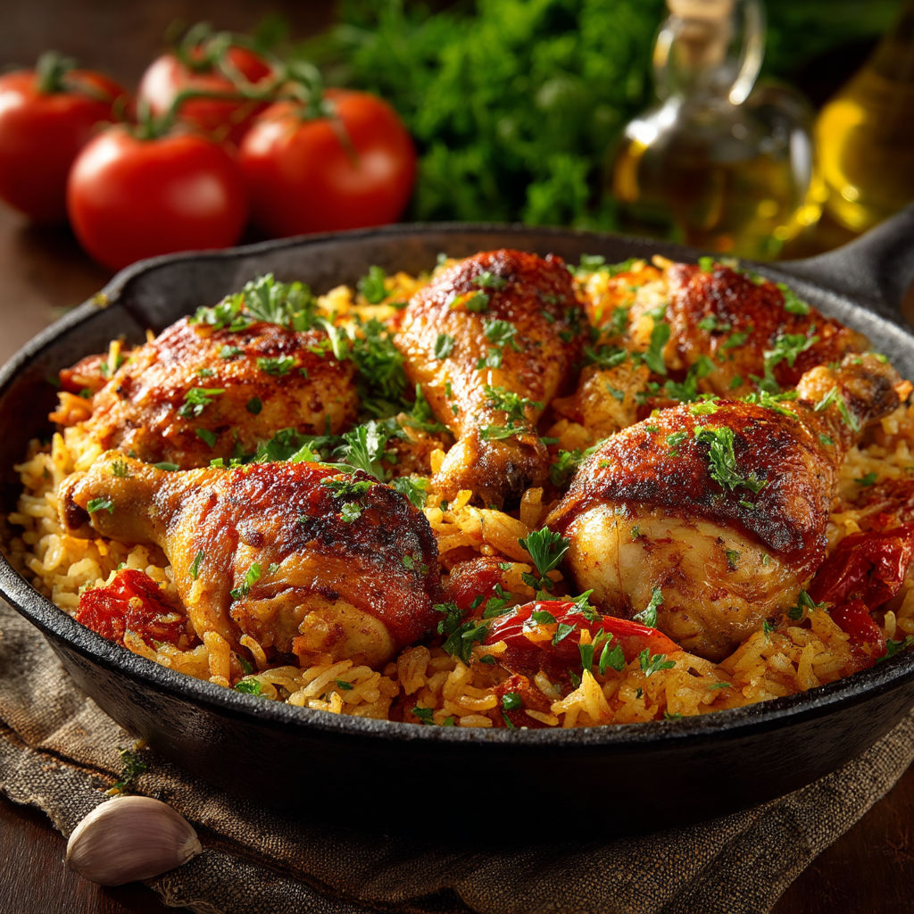 Un plat de poulet et de tomates avec des herbes.