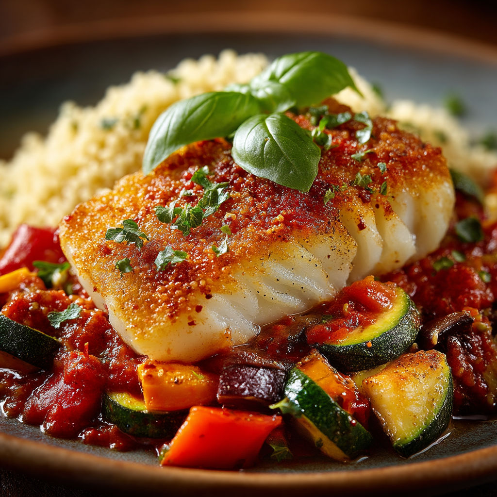 Un poisson grillé sur une assiette de couscous.