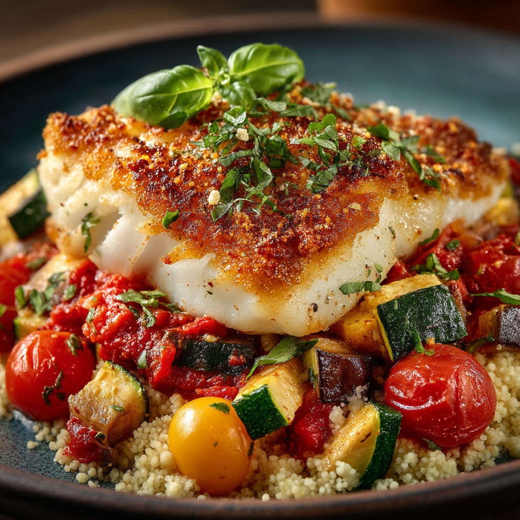 Une poisson grillé avec des légumes verts et des herbes sur un plateau.