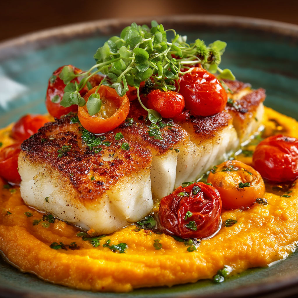 Un poisson avec des légumes et des tomates sur une assiette.