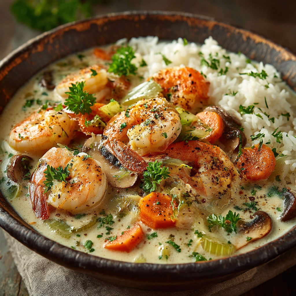 Une soupe de crevettes et de légumes.