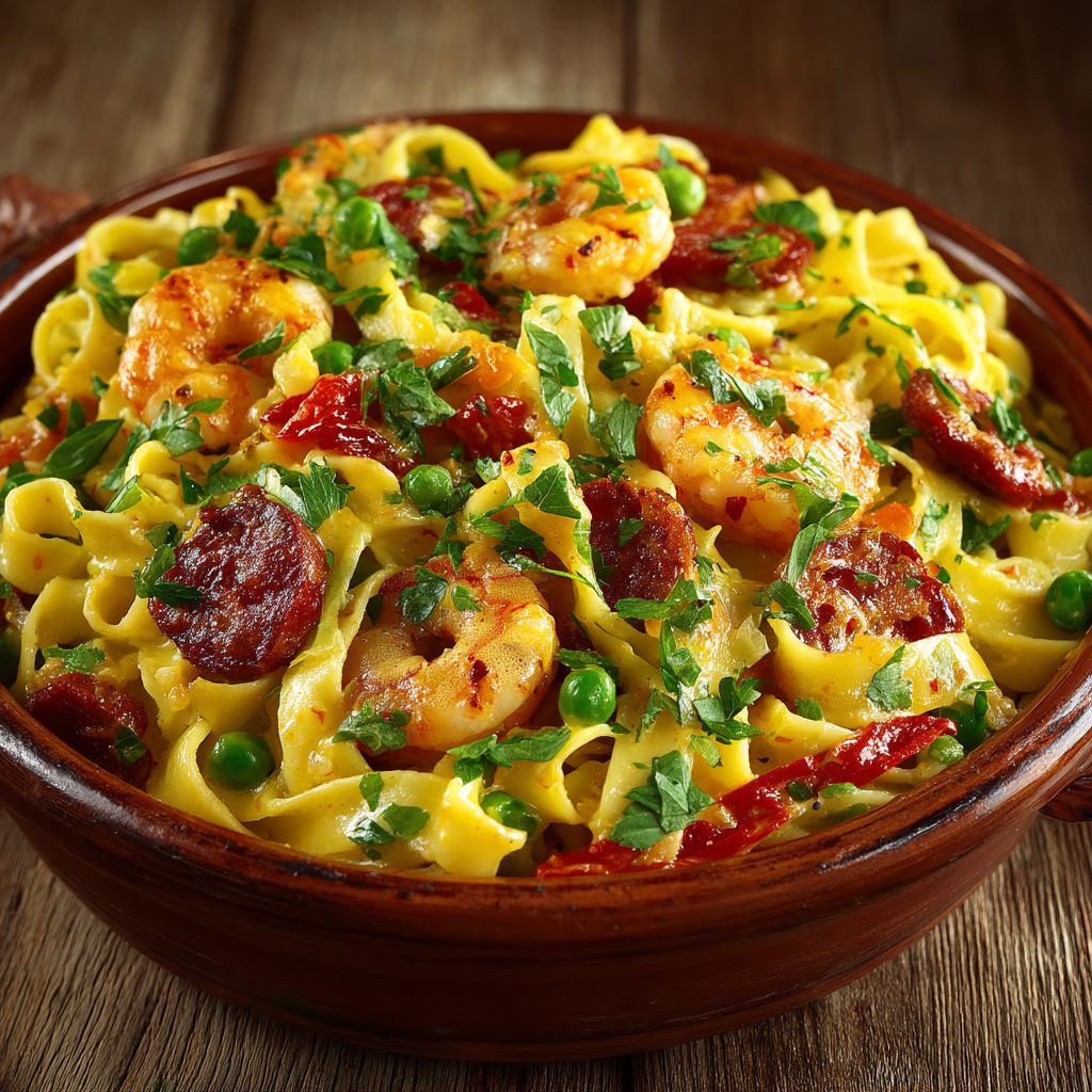 Une assiette de macaroni avec des légumes et des fruits de mer.