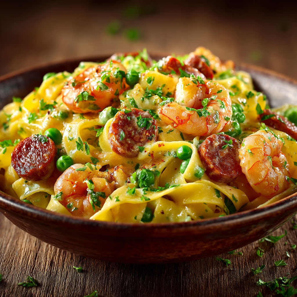 Une assiette de spaghetti avec des légumes et des fruits de mer.