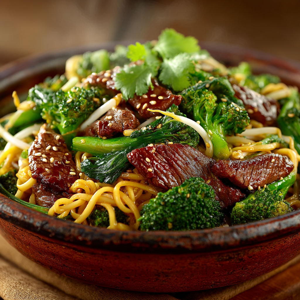 Nouilles sautées au bœuf & brocolis.