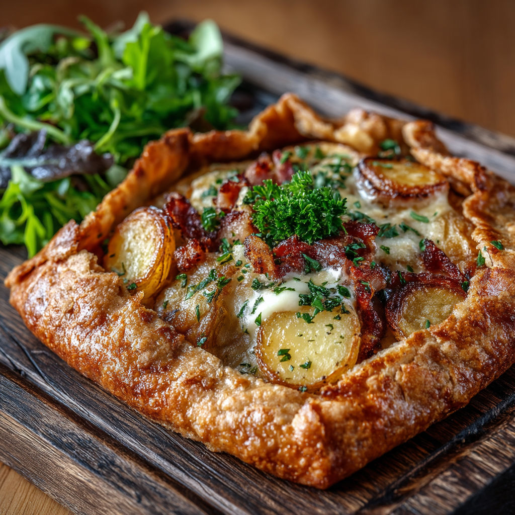 Une pâte de pommes de terre avec des herbes et des bacon.