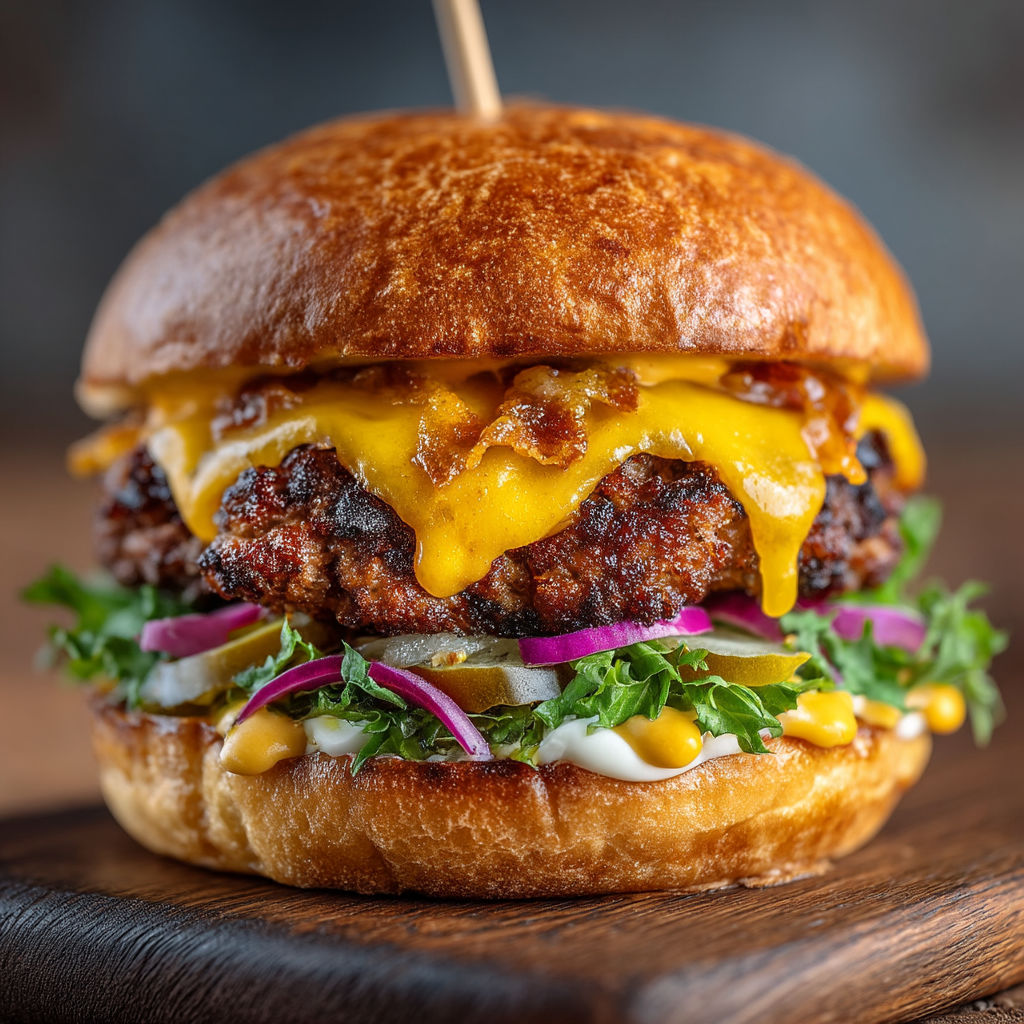 Une burger avec des légumes et du fromage.