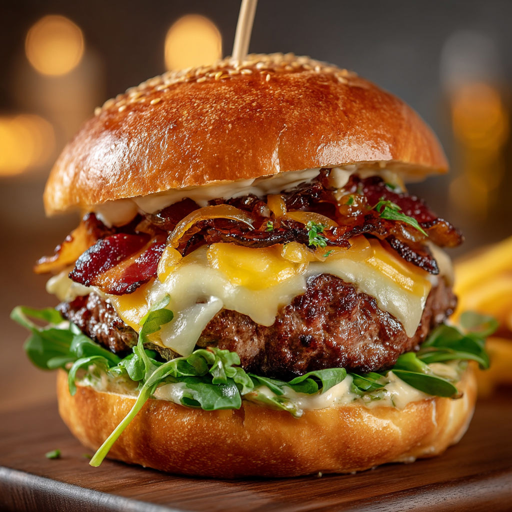 Un burger avec des bacon et des légumes.