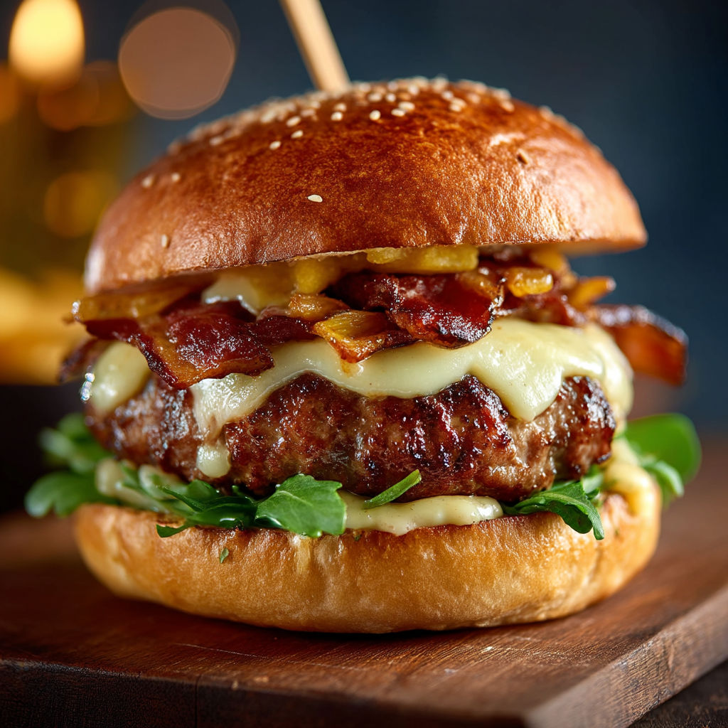 Un burger avec des bacon et des légumes.